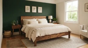 forest green accent wall behind bed headboard