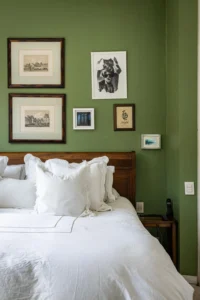 green accent wall bedroom paired with terracotta textiles