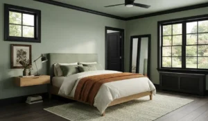 green accent wall bedroom with black trim contrast