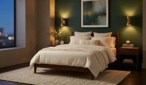 green accent wall bedroom with brass wall sconces
