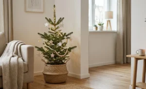 minimalist small christmas tree with white and wood ornaments