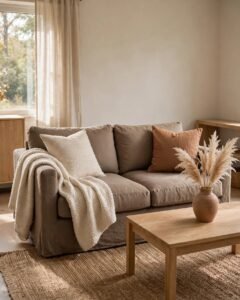 Neutral fall living room using taupe, cream, clay, wood, and layered textures