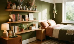 olive green accent wall behind open wood shelving