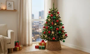 rustic small christmas tree with burlap ribbon and pinecones