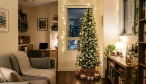 slim pencil christmas tree in a small studio apartment