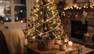 small christmas tree decorated with mini ornaments and warm lights