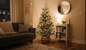 small christmas tree in a small apartment corner